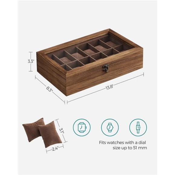 12-Slot Wood Watch Box Organizer with Large Glass Lid, Removable Pillows - Picture 7 of 7